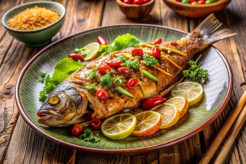 Savory Delicious crispy fish. Asian dinner meal. Generate Ai photo