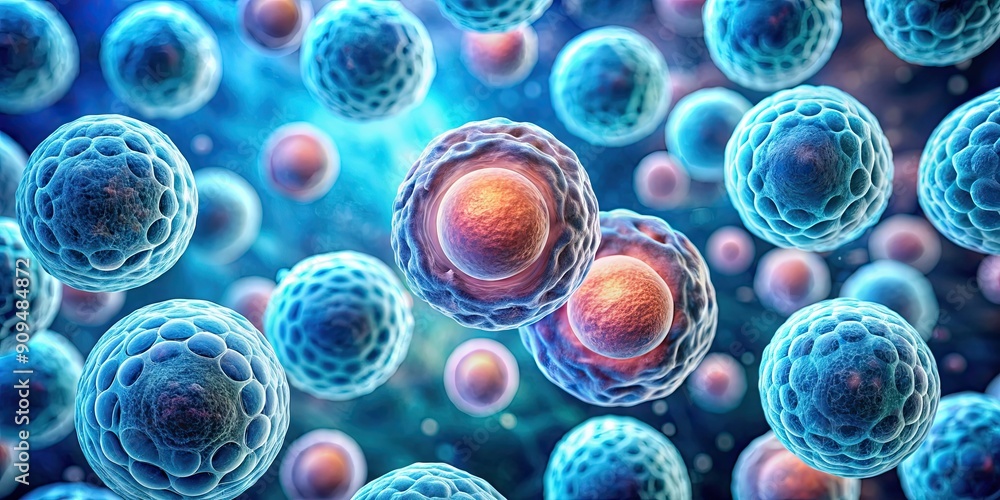 Closeup of stem cells under a microscope, biology, research, science, regeneration, medical, health, laboratory Closeup of stem cells under a microscope, biology, research, science, regeneration, medical, health, laboratory