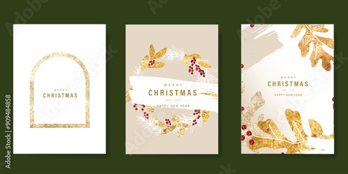 Luxury Merry Christmas and Happy New Year card vector. Winter leaves branch, berry, frame with gold foil texture on beige and white background. Illustration for cover, print, poster, invitation.