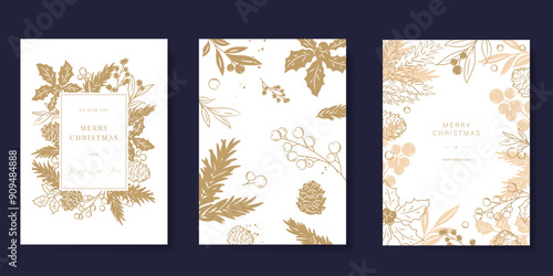 Luxury Merry Christmas and Happy New Year card vector. Winter leaves branch, holly berry, pinecone with gold texture on white background. Illustration for cover, print, poster, invitation.