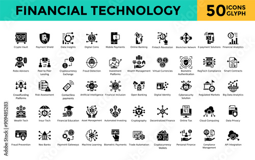 Financial Technology icon set with crypto vault, payment shield, data insights, digital coins, mobile payments, online banking, fintech revolution icon. Simple glyph vector 
