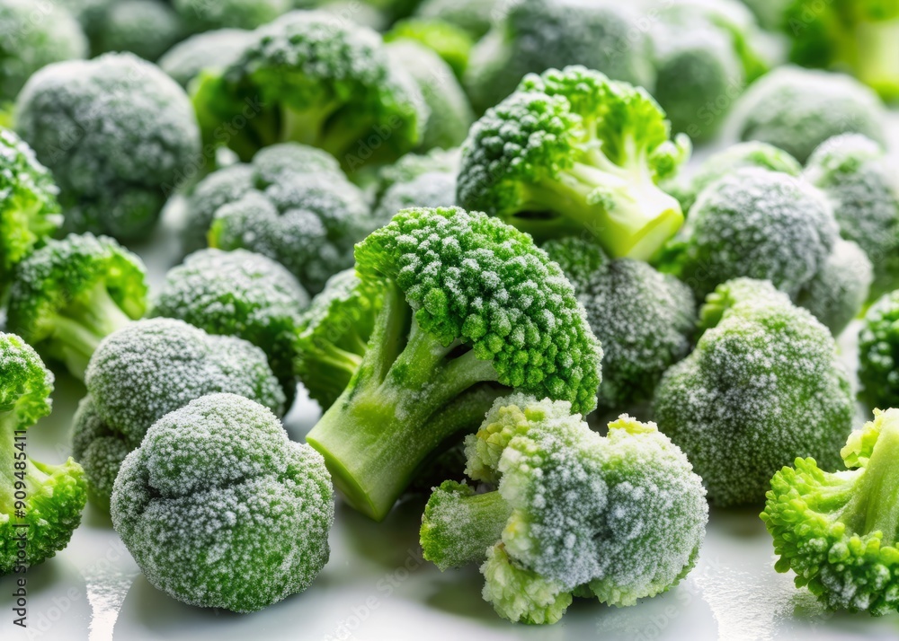 Freshly frozen broccoli florets scattered on a clean white background, showcasing their vibrant green color, delicate buds, and slightly frosted texture. Freshly frozen broccoli florets scattered on a clean white background, showcasing their vibrant green color, delicate buds, and slightly frosted texture.