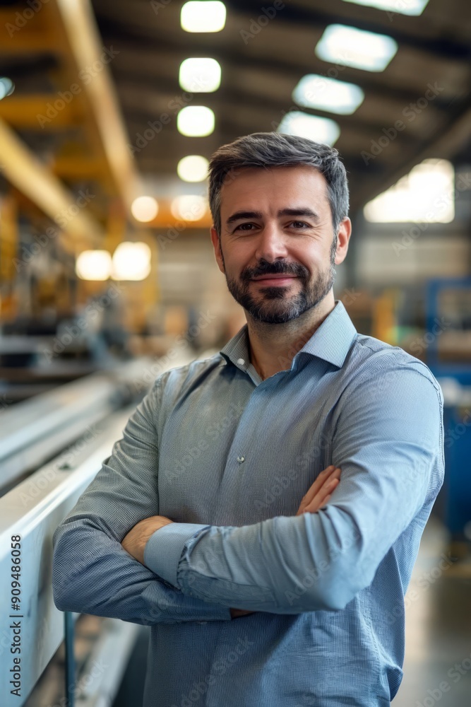 Portrait of a factory company manager standing by an assembly line, Generative AI Portrait of a factory company manager standing by an assembly line, Generative AI