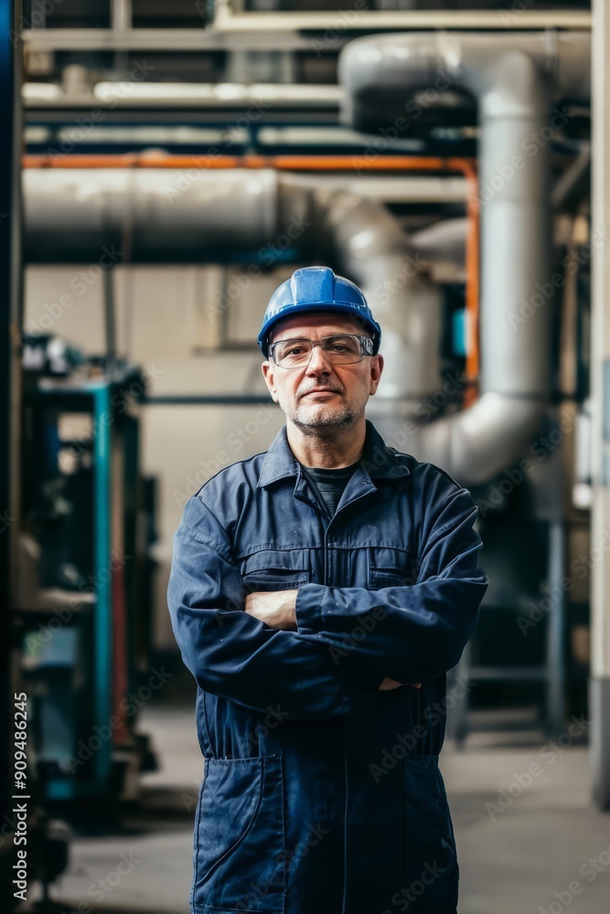 Portrait of a factory company manager standing in front of factory equipment, Generative AI Portrait of a factory company manager standing in front of factory equipment, Generative AI