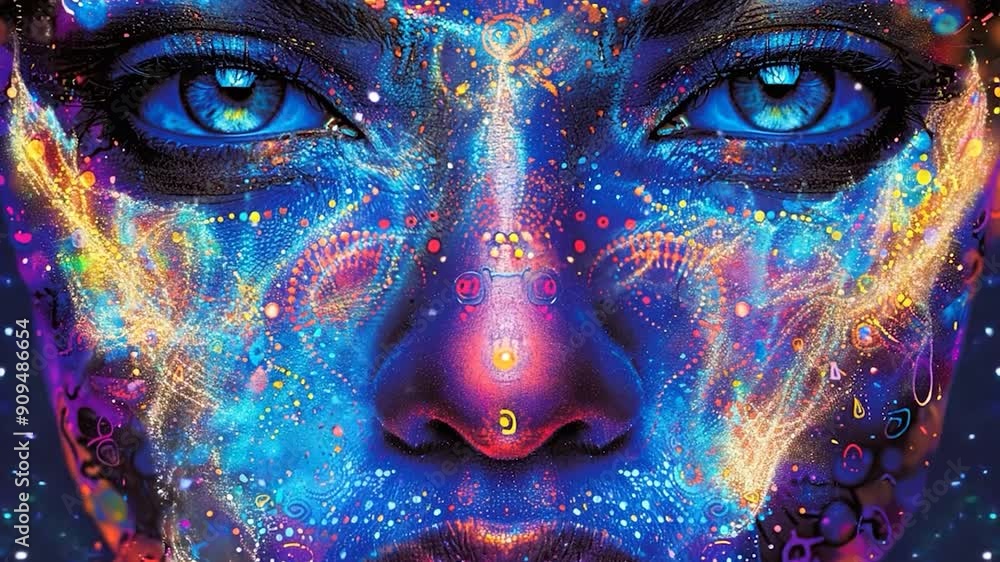 A stunning display of cosmic body art illuminates the face, showcasing vivid colors and intricate patterns under a starry night sky A stunning display of cosmic body art illuminates the face, showcasing vivid colors and intricate patterns under a starry night sky