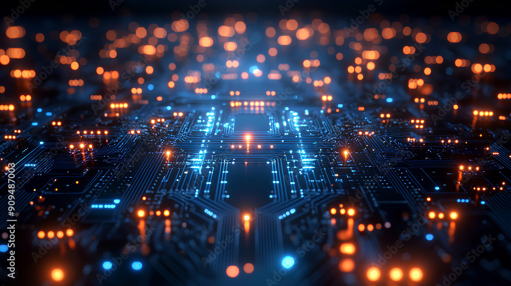 Abstract digital network circuit board background banner with glowing light and connecting data dots in blue and black colors. Big data technology concept Abstract digital network circuit board background banner with glowing light and connecting data dots in blue and black colors. Big data technology concept