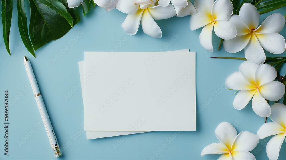 Obraz premium Frangipani flowers with blank white paper and pen on blue table, invitation mock up, quote mock up, note mock up. 