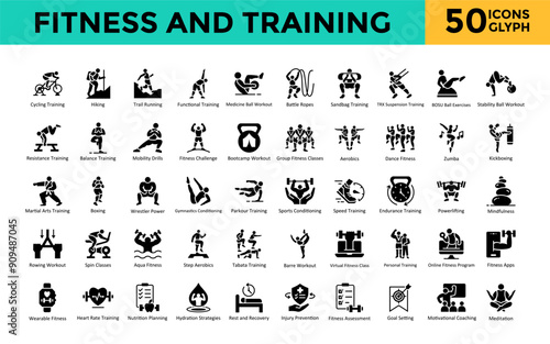 Fitness and Training icon set with cycling training, hiking, trail running, functional training, medicine ball workout, battle ropes icon. Simple glyph vector 
