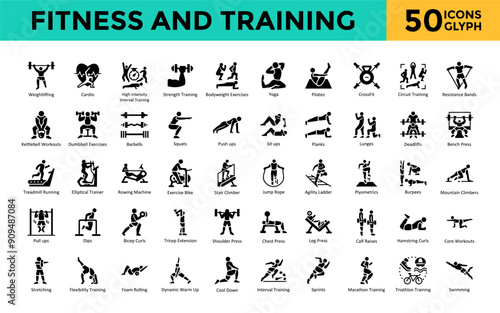 Fitness and Training icon set with weightlifting, cardio, high intensity interval training, strength training, bodyweight exercises, yoga, pilates, crossfit icon. Simple glyph vector 
