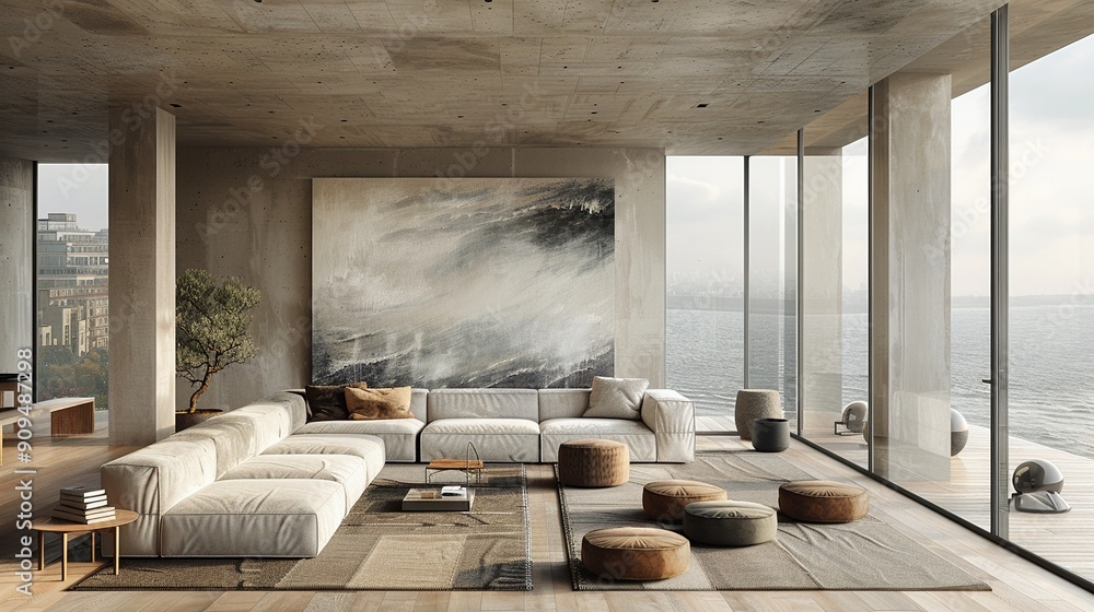 Minimalist living room with a coffee table geometric rug and sleek sofa neutral tones natural light digital painting Minimalist living room with a coffee table geometric rug and sleek sofa neutral tones natural light digital painting