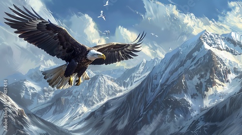 Eagle Soaring Above Snow-Capped Mountains photo