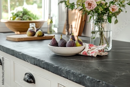  soapstone kitchen countertop with empty space for product display, a floral napkin, a bowl of figs, and a glass bottle in a modern white kitchen
