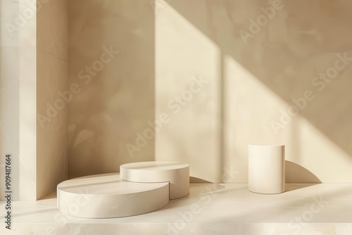 minimalist product display featuring sleek beige cylinder podium clean lines subtle shadows and muted tones create an elegant sophisticated showcase for luxury items