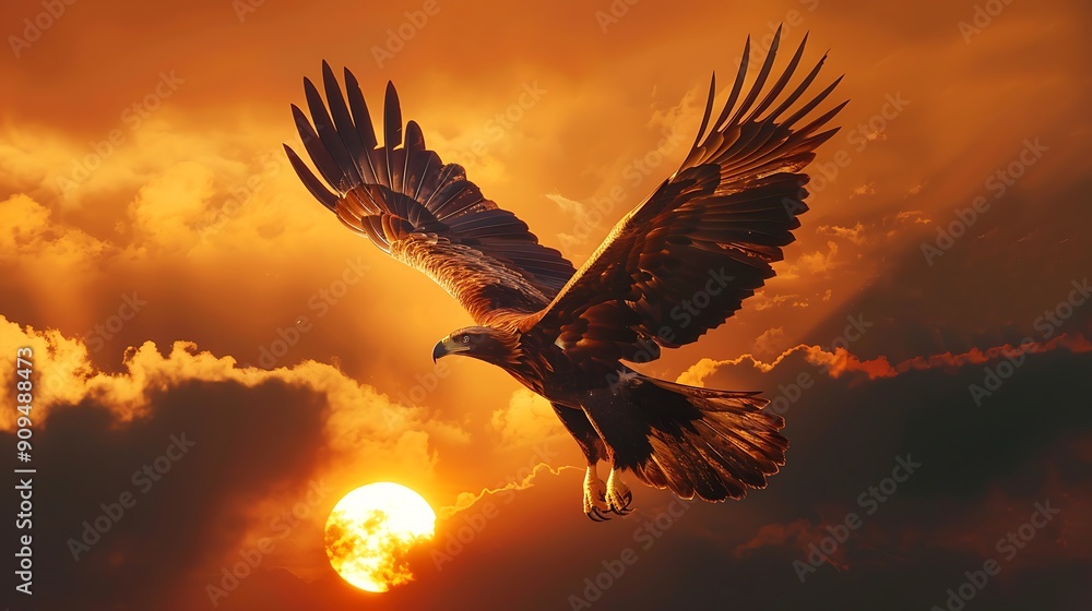Obraz premium Majestic Eagle Soaring Through Sunset Clouds