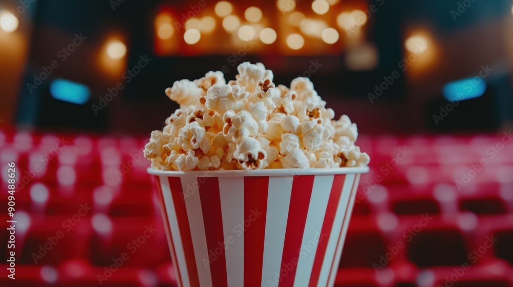 Popcorn in a Red and White Striped Bucket in a Movie Theater Popcorn in a Red and White Striped Bucket in a Movie Theater