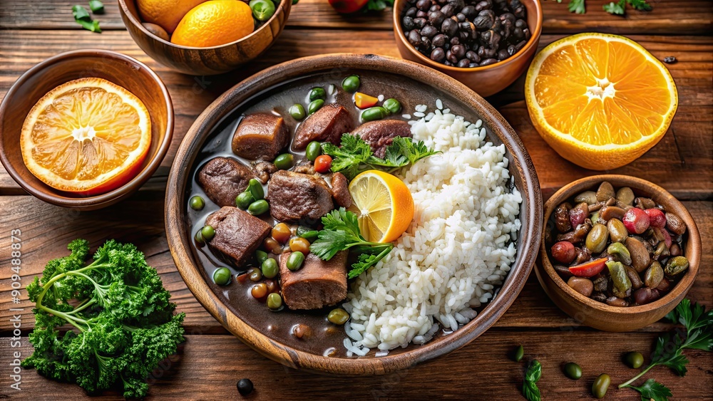 Traditional Brazilian feijoada stew with black beans, pork, beef, rice, collard greens Traditional Brazilian feijoada stew with black beans, pork, beef, rice, collard greens
