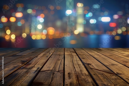 minimalist wooden floor stretching to blurred cityscape at night warm wood tones contrasting cool urban lights ideal for product placement or design showcase