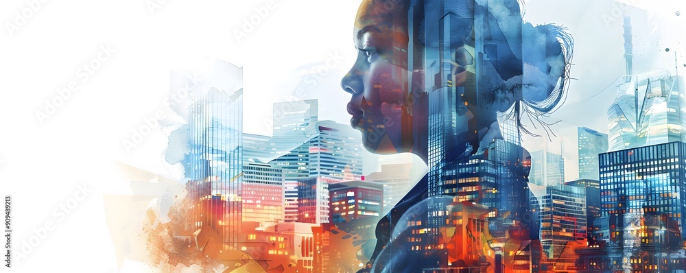 double exposure business man with watercolor building double exposure business man with watercolor building