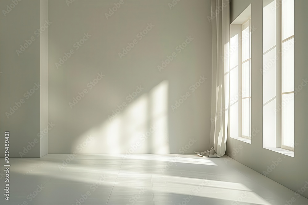 Fototapeta premium minimalist empty room interior bathed in soft diffused light clean lines neutral tones and subtle shadows create a serene and spacious atmosphere