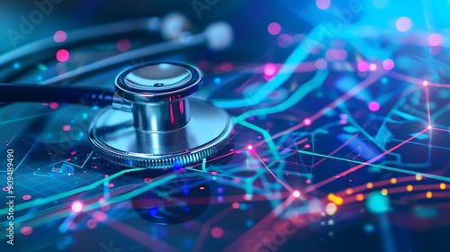 Digital Healthcare: Stethoscope on a Futuristic Background