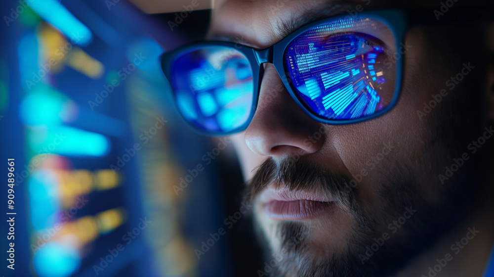 Developer programmer coding reflection of computer code in glasses, Hacking, vision and technology concept. Developer programmer coding reflection of computer code in glasses, Hacking, vision and technology concept.