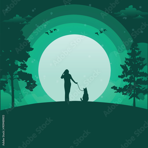 Vector illustration of a girl enjoying the night moon with her beloved cat. Flat vector illustration