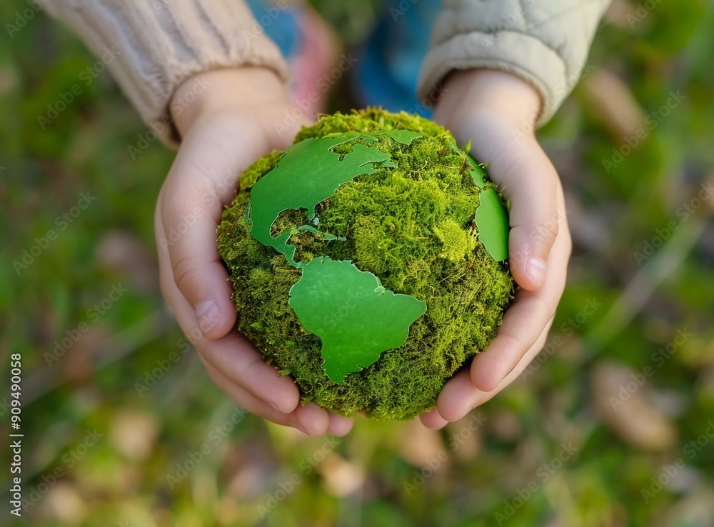 Close up of a young adult and children's hands holding a green planet Earth covered in moss, Close up of a young adult and children's hands holding a green planet Earth covered in moss,