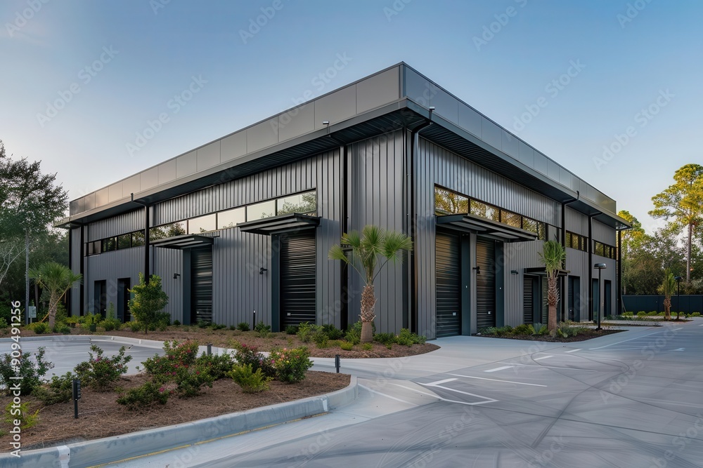 modern industrial steel building with clean lines and large bay doors surrounded by manicured landscaping and paved parking area modern industrial steel building with clean lines and large bay doors surrounded by manicured landscaping and paved parking area