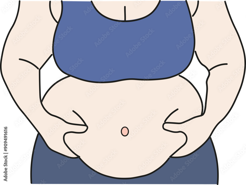 Front view overweight woman touching her belly Front view overweight woman touching her belly