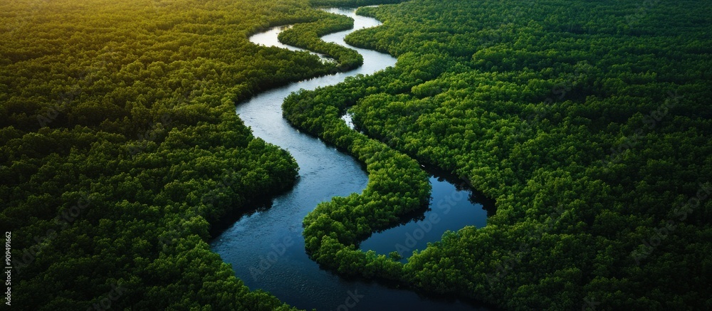 Aerial View of a Winding River Through Lush Green Forest Aerial View of a Winding River Through Lush Green Forest