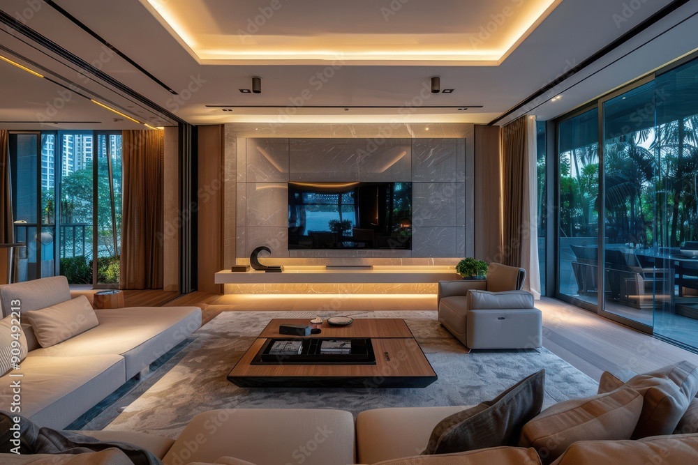 modern minimalist living room oversized smart tv as focal point sleek furniture neutral color palette ambient lighting modern minimalist living room oversized smart tv as focal point sleek furniture neutral color palette ambient lighting