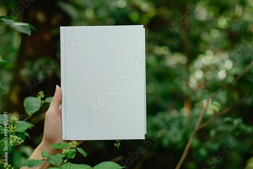 A hand holds up a blank white book cover in front of a lush green backdrop.