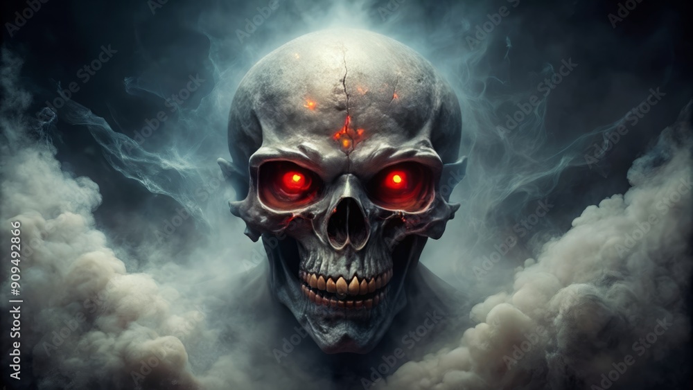 Ominous evil demon skull with glowing red eyes emerges from dark shadows, surrounded by eerie mist, conveying malevolent presence and foreboding doom. Ominous evil demon skull with glowing red eyes emerges from dark shadows, surrounded by eerie mist, conveying malevolent presence and foreboding doom.