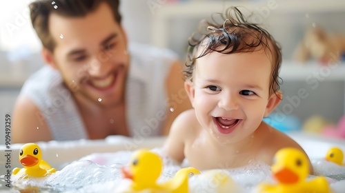 A happy baby girl splashes in the tub with a smiling adult male in the background.  Bubbles float around them and there are yellow rubber ducks. 