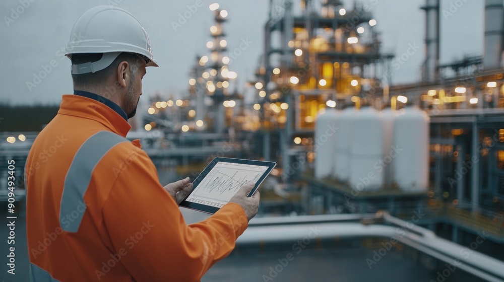 Silhouette of gas production manager overseeing natural gas supply using digital tablet in refinery, lamp on during sunset, LPG tanks in the background. Silhouette of gas production manager overseeing natural gas supply using digital tablet in refinery, lamp on during sunset, LPG tanks in the background.