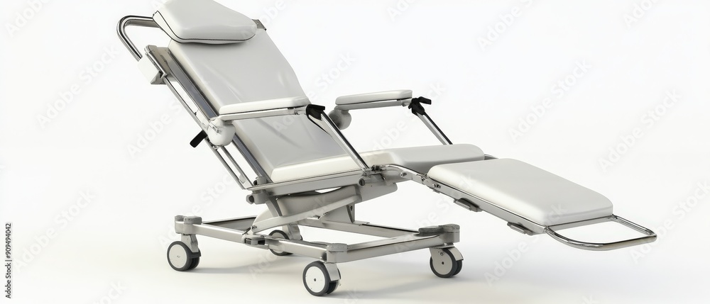 Modern adjustable medical chair with clean lines, designed for comfort and mobility in healthcare settings. Modern adjustable medical chair with clean lines, designed for comfort and mobility in healthcare settings.