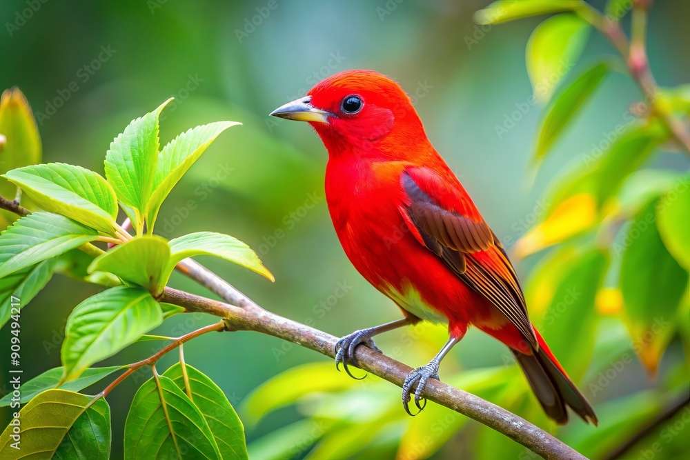 Vibrant red bird with sleek feathers and bright beak perches on a lush green branch surrounded by colorful leaves in a serene natural setting. Vibrant red bird with sleek feathers and bright beak perches on a lush green branch surrounded by colorful leaves in a serene natural setting.