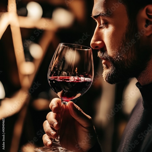 Professional man tasting and smelling red wine with wooden barrels in traditional wine cellar and winery as background.