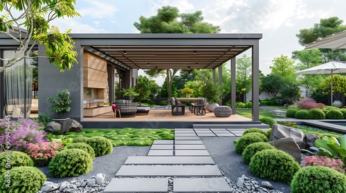 A modern patio with a pergola, stone pathway, and lush greenery.