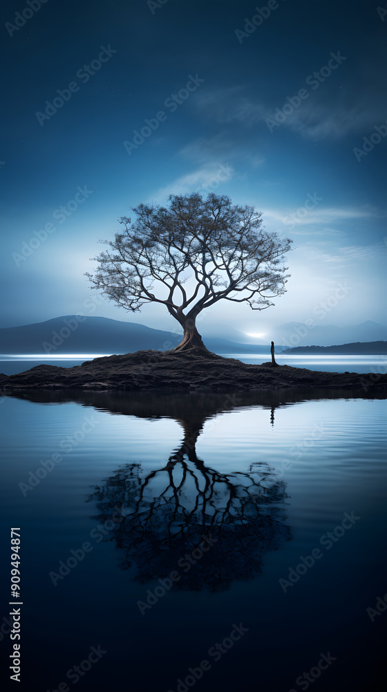 Digital blue water tree reflection scene abstract graphic poster background Digital blue water tree reflection scene abstract graphic poster background