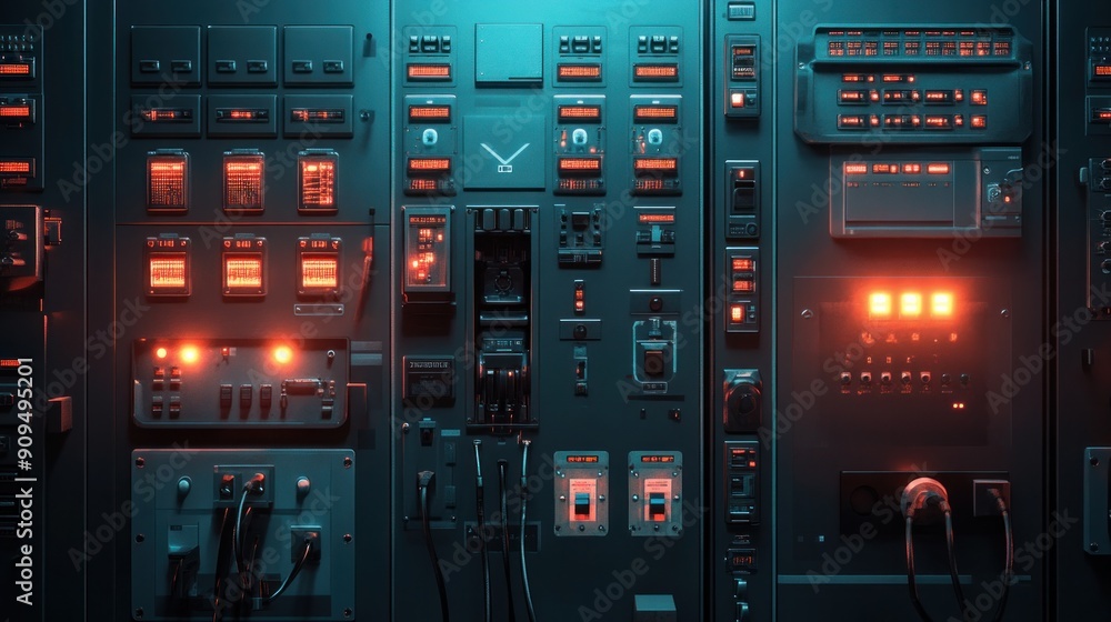 Main circuit breaker on the distribution board at the central electrical control cabinet and many high-resolution electrical control panels Main circuit breaker on the distribution board at the central electrical control cabinet and many high-resolution electrical control panels