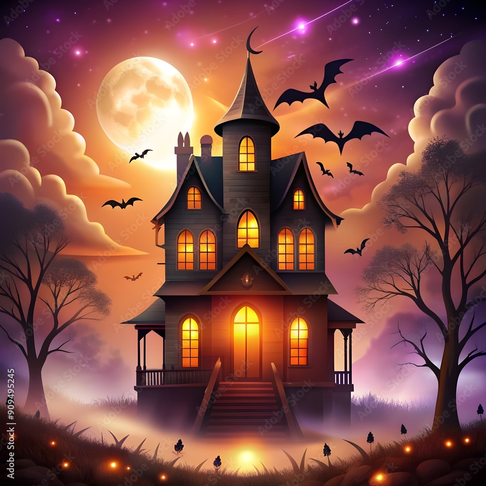 a Halloween Party Invitation background Design : Haunted House with Glowing Windows and Eerie Fog.
a Halloween Party Invitation background Design : Haunted House with Glowing Windows and Eerie Fog.