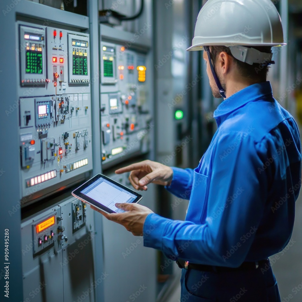 Male electrical engineer holding tablet checking electrical system in control room and showing power generation control panel in industrial plant. Male electrical engineer holding tablet checking electrical system in control room and showing power generation control panel in industrial plant.