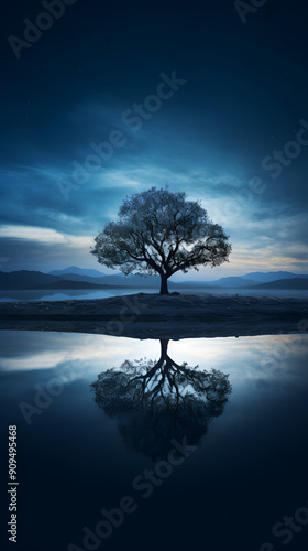 Digital blue water tree reflection scene abstract graphic poster background