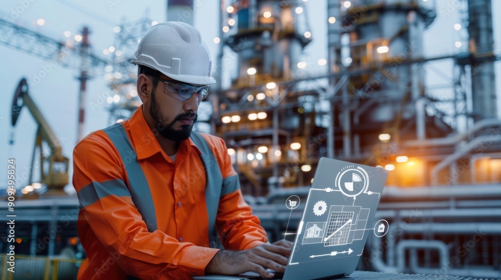Male engineer using laptop to communicate, blurred large power plant background, business information concept. Male engineer using laptop to communicate, blurred large power plant background, business information concept.