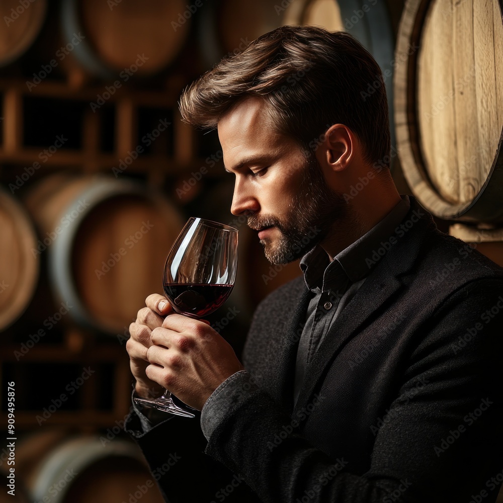Professional man tasting and smelling red wine with wooden barrels in traditional wine cellar and winery as background. Professional man tasting and smelling red wine with wooden barrels in traditional wine cellar and winery as background.