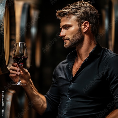 Professional man tasting and smelling red wine with wooden barrels in traditional wine cellar and winery as background.