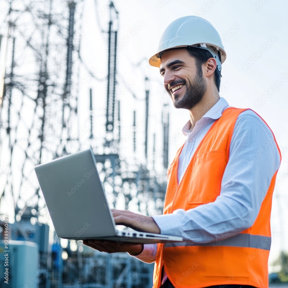 Male engineer using laptop to communicate, blurred large power plant background, business information concept. Male engineer using laptop to communicate, blurred large power plant background, business information concept.