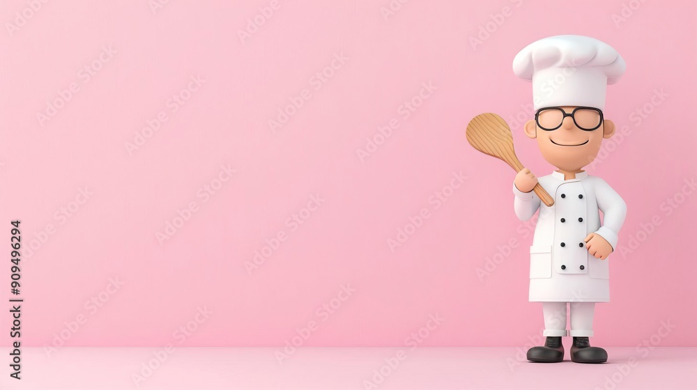 A 3D clipart of a chef holding a wooden spoon, standing on the right side of the image, with a randomly colored background. A 3D clipart of a chef holding a wooden spoon, standing on the right side of the image, with a randomly colored background.