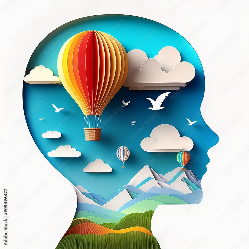 Paper cut kid head with colorful hot air balloon flying in sky landscape. Little boy imagination concept. Children education, child psychology illustration in realistic 3D papercut style.